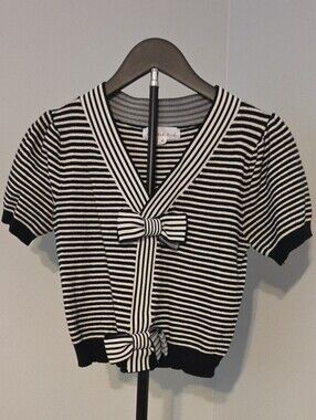 Striped Black & White Bow-Front Short Sleeve Knit Top